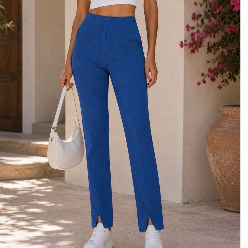 Mesmerize Women Blue High Rise Slim Leg Split Hem‎ Trousers Pants Size 8